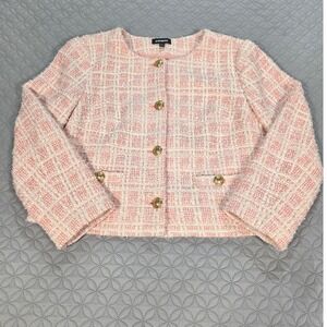 Express Womens XL Pink White Tweed Cropped Blazer Gold Crest Button Jacket